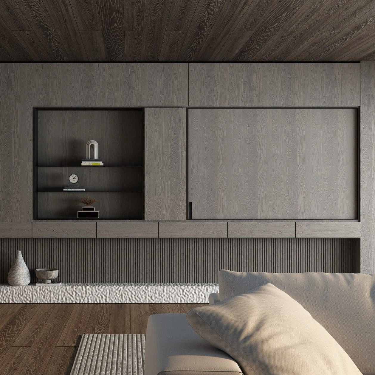 Natural Veneered Wall Panel Elm with Cathedral Grain Living