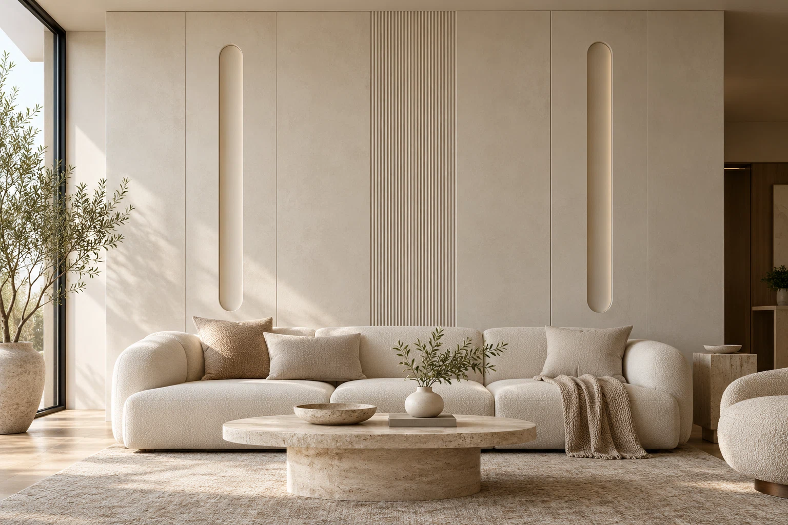 Serene custom architectural wall-panel concept in a neutral living room
