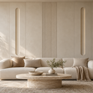 Serene custom architectural wall-panel concept in a neutral living room