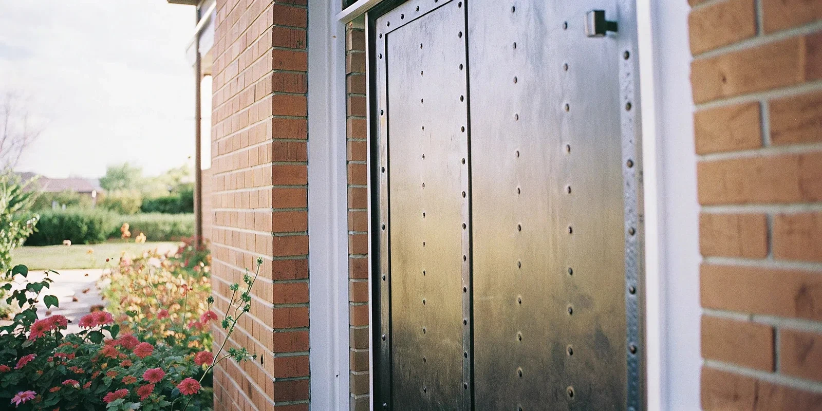 A secure metal exterior door for sale on a commercial building entrance.