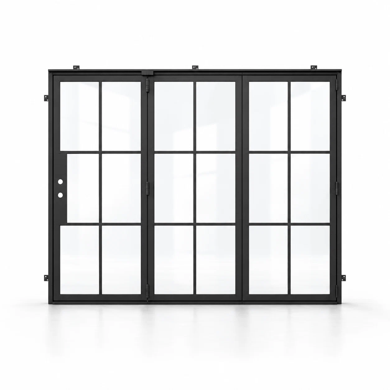 6-lite three-panel black steel bifold door on a white background — product visualization
