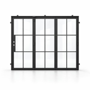 6-lite three-panel black steel bifold door on a white background — product visualization