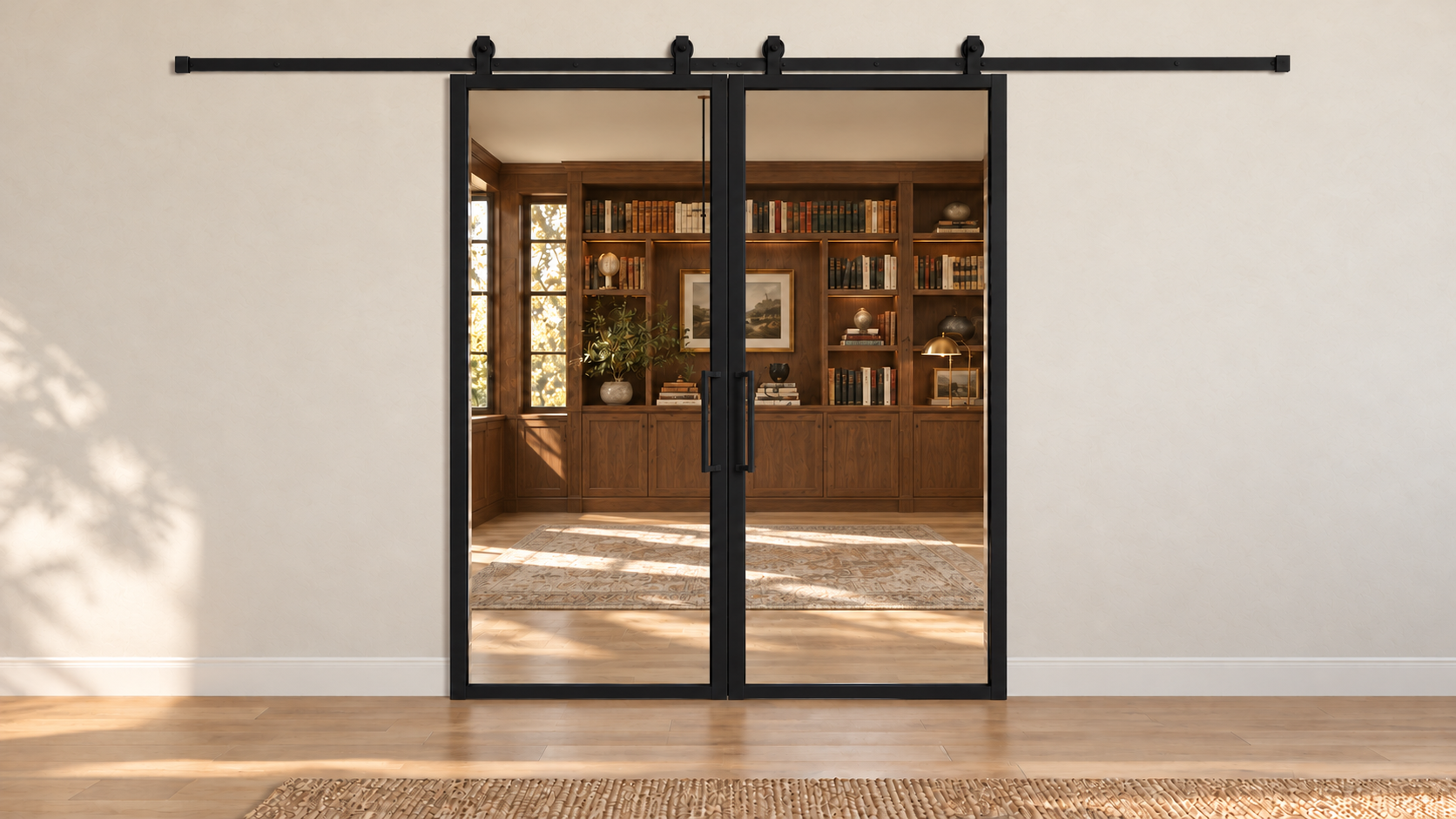 USABD Full Lite Interior Steel Double Barn Door with included rectangular pulls — library view