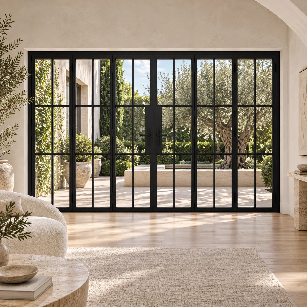 6S 3+3-panel black cold-rolled steel bifold door in an ivory living room overlooking an olive courtyard — lifestyle visualization