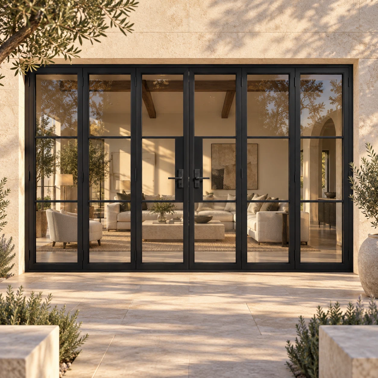 Black 3-Lite - 3+3 Panel Steel Bifold Door in a limestone villa courtyard — lifestyle visualization