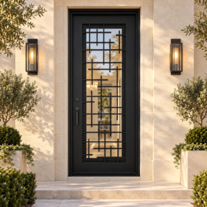 Florence Single thermally broken black steel door in a luxury limestone exterior — lifestyle visualization