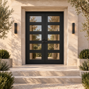 5 Horizontal Lite Double thermally broken black steel door in a luxury limestone exterior — lifestyle visualization