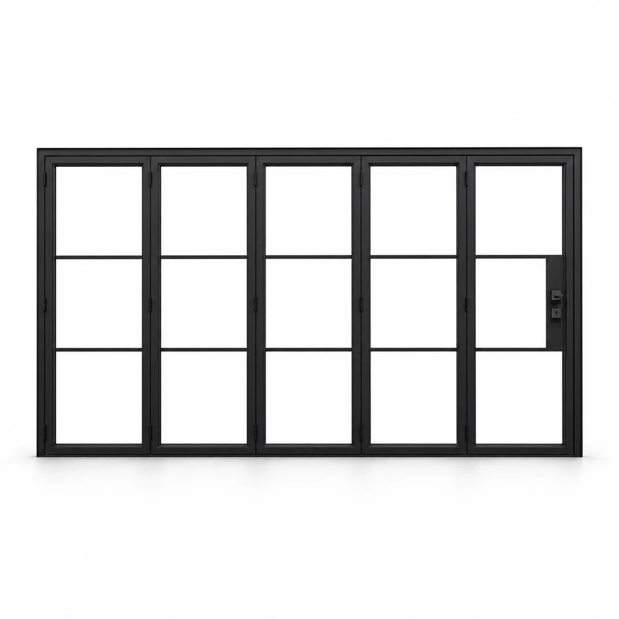 Black 3-Lite five-panel steel bifold door on a white background — product visualization
