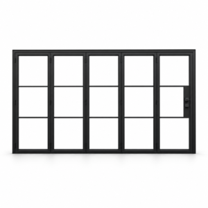 Black 3-Lite five-panel steel bifold door on a white background — product visualization
