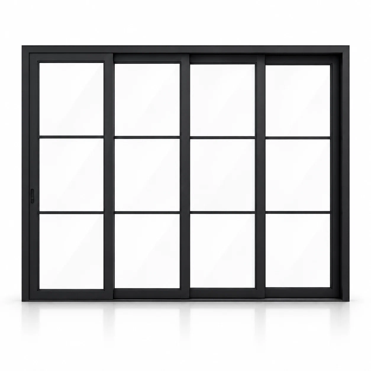 3-lite 4-panel black steel sliding door on white background — product visualization