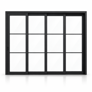 3-lite 4-panel black steel sliding door on white background — product visualization