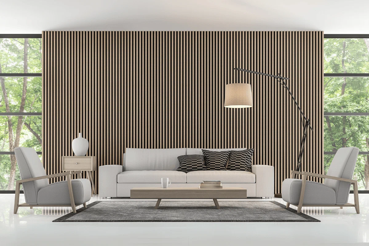 Bright living room with acoustic wood panel wall and white sofa set, illuminated by large windows on both sides.
