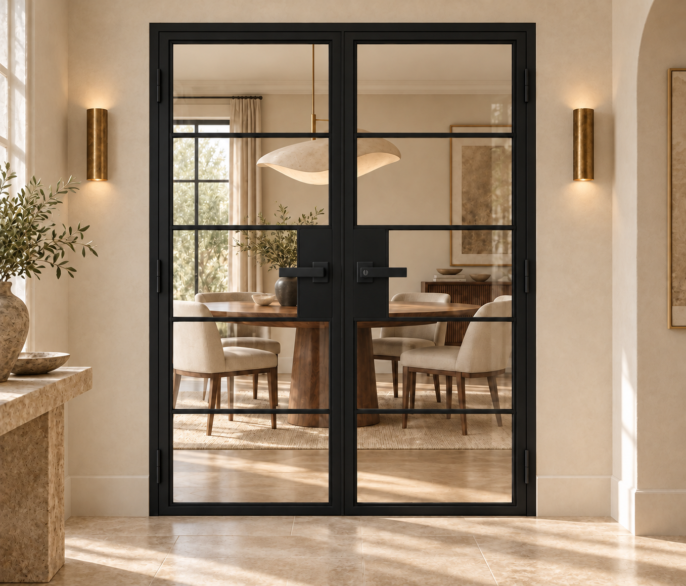 5 Lite double hinged interior steel doors with included rectangular lever hardware — dining