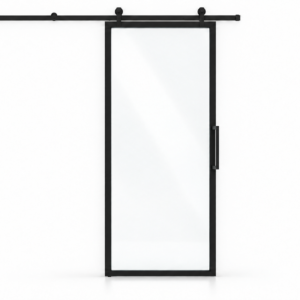 Full Lite interior steel barn door with included rectangular pull — studio