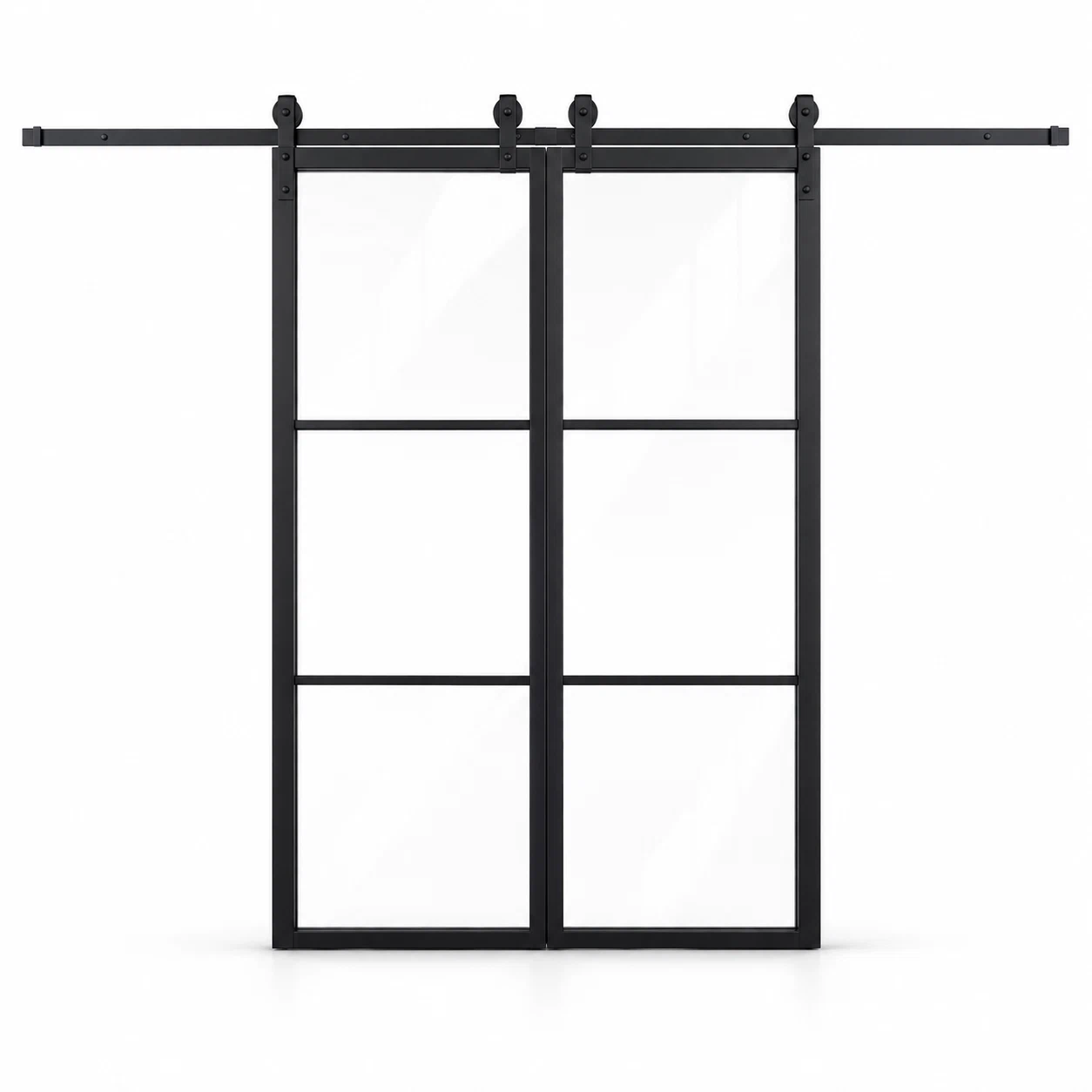3-Lite Double Steel Barn Pantry Door with exposed sliding track on a white background — product visualization
