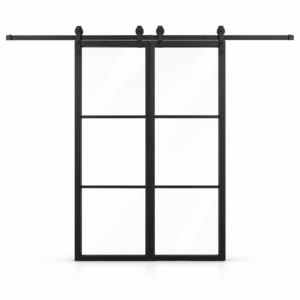 3-Lite Double Steel Barn Pantry Door with exposed sliding track on a white background — product visualization