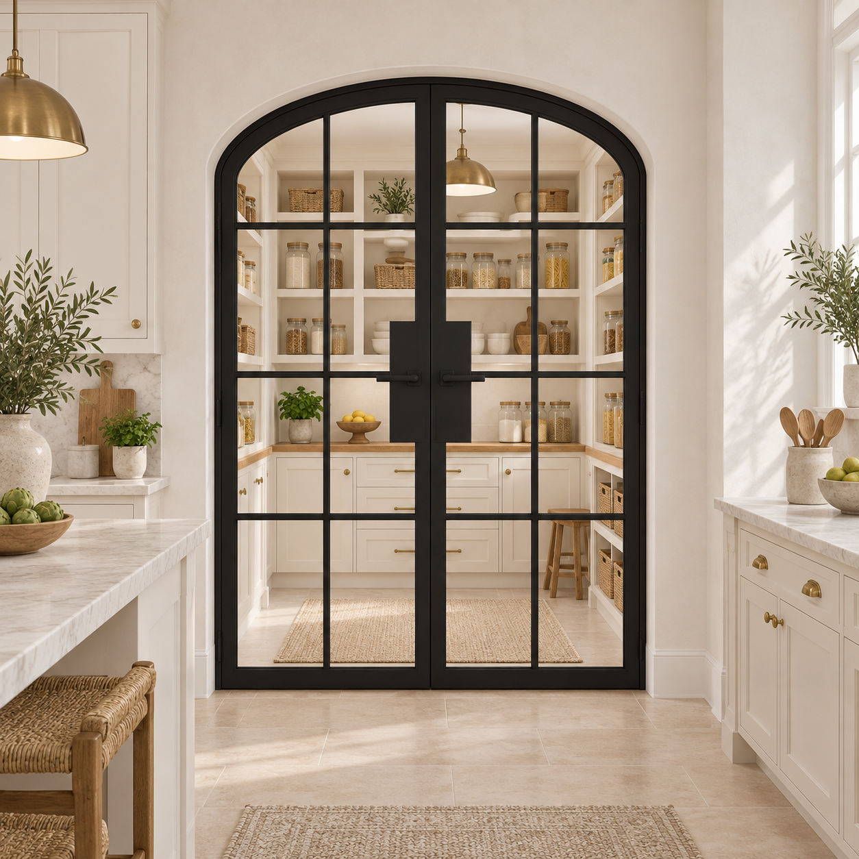 8 Lite Steel Pantry Arched Top French Double Door leading into a cream pantry from a limestone kitchen — product visualization