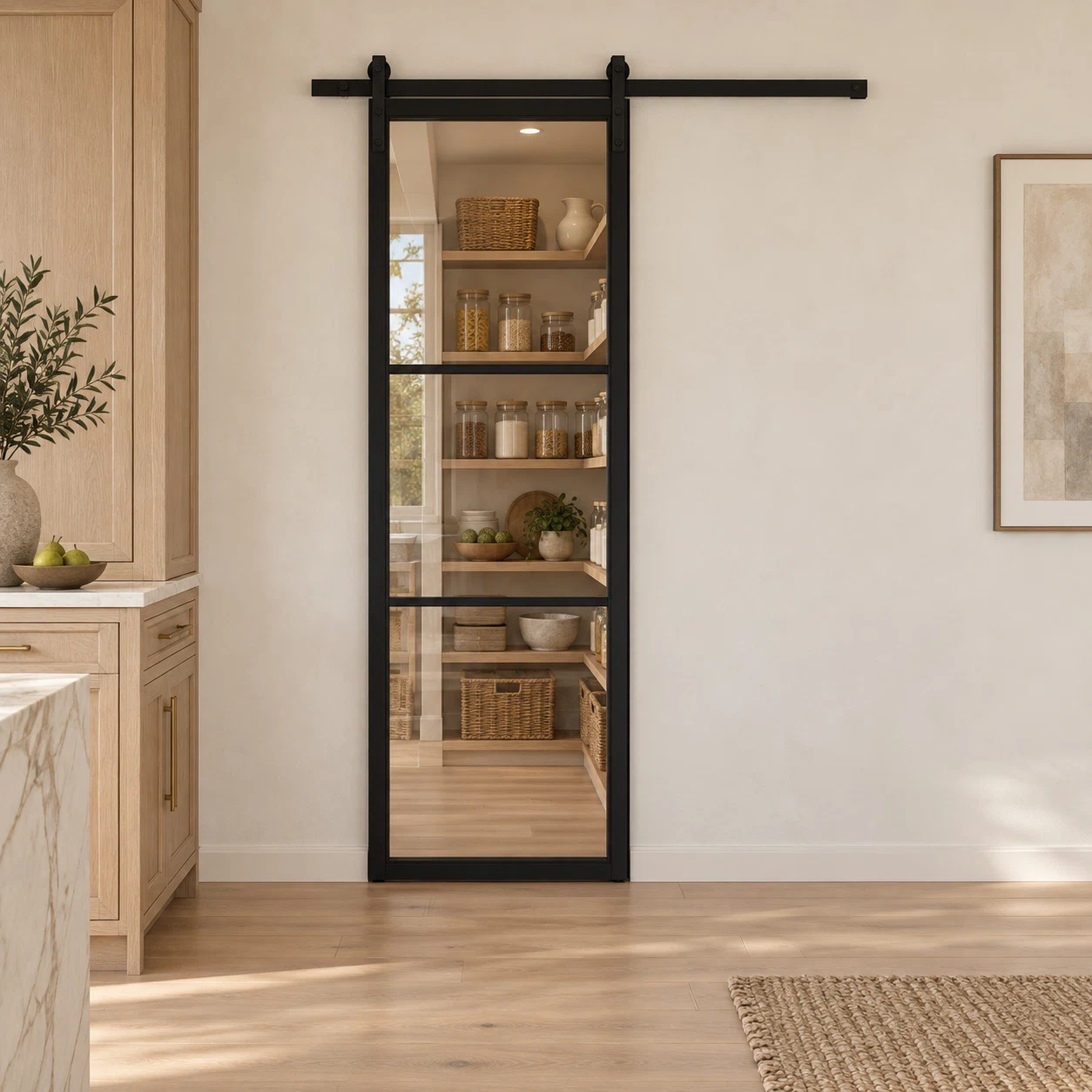3-Lite Single Steel Barn Pantry Door leading into an oak pantry from an ivory kitchen — product visualization