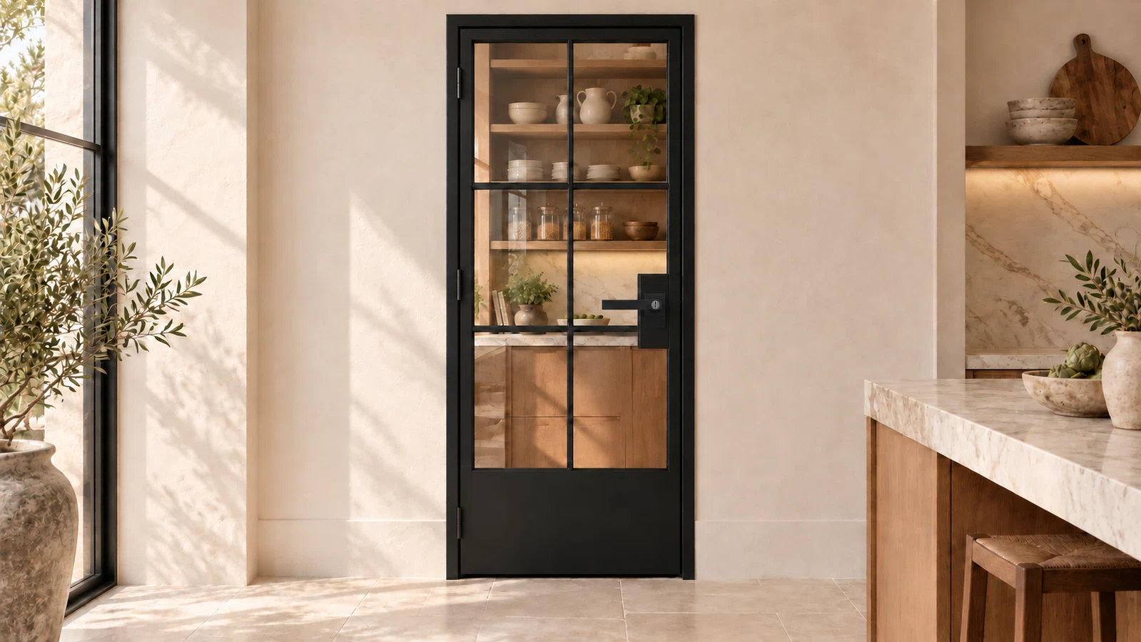 USABD six-lite interior hinged steel door with solid bottom panel and included lever lock — pantry