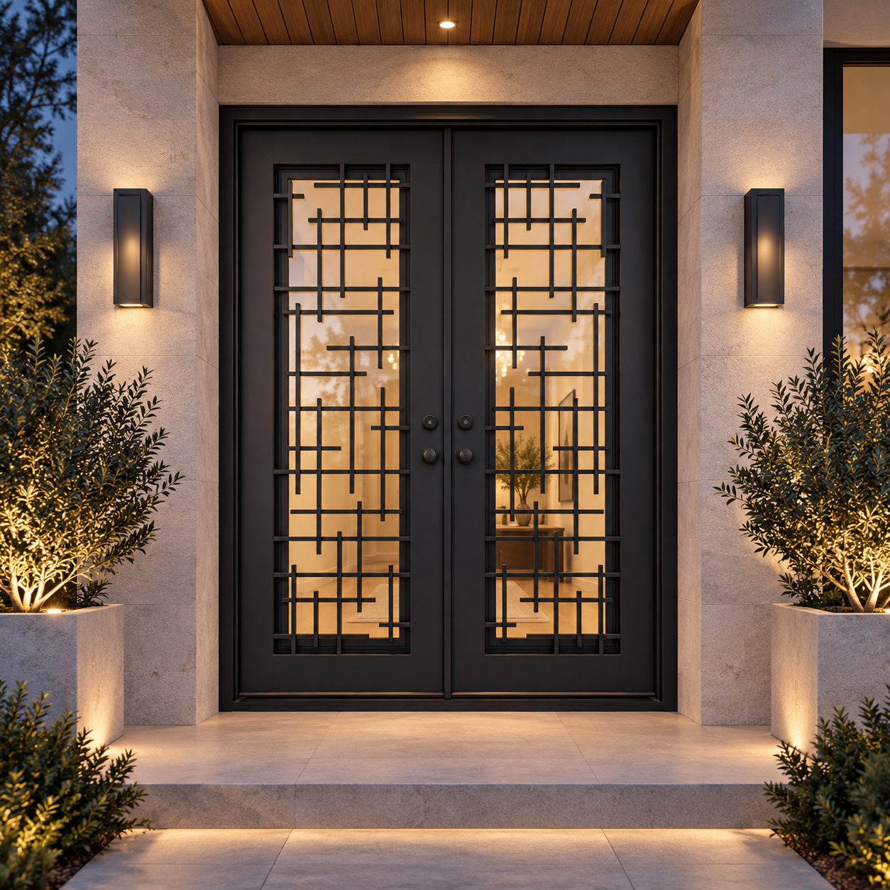 Florence Double thermally broken black steel door in a luxury evening entryway — lifestyle visualization