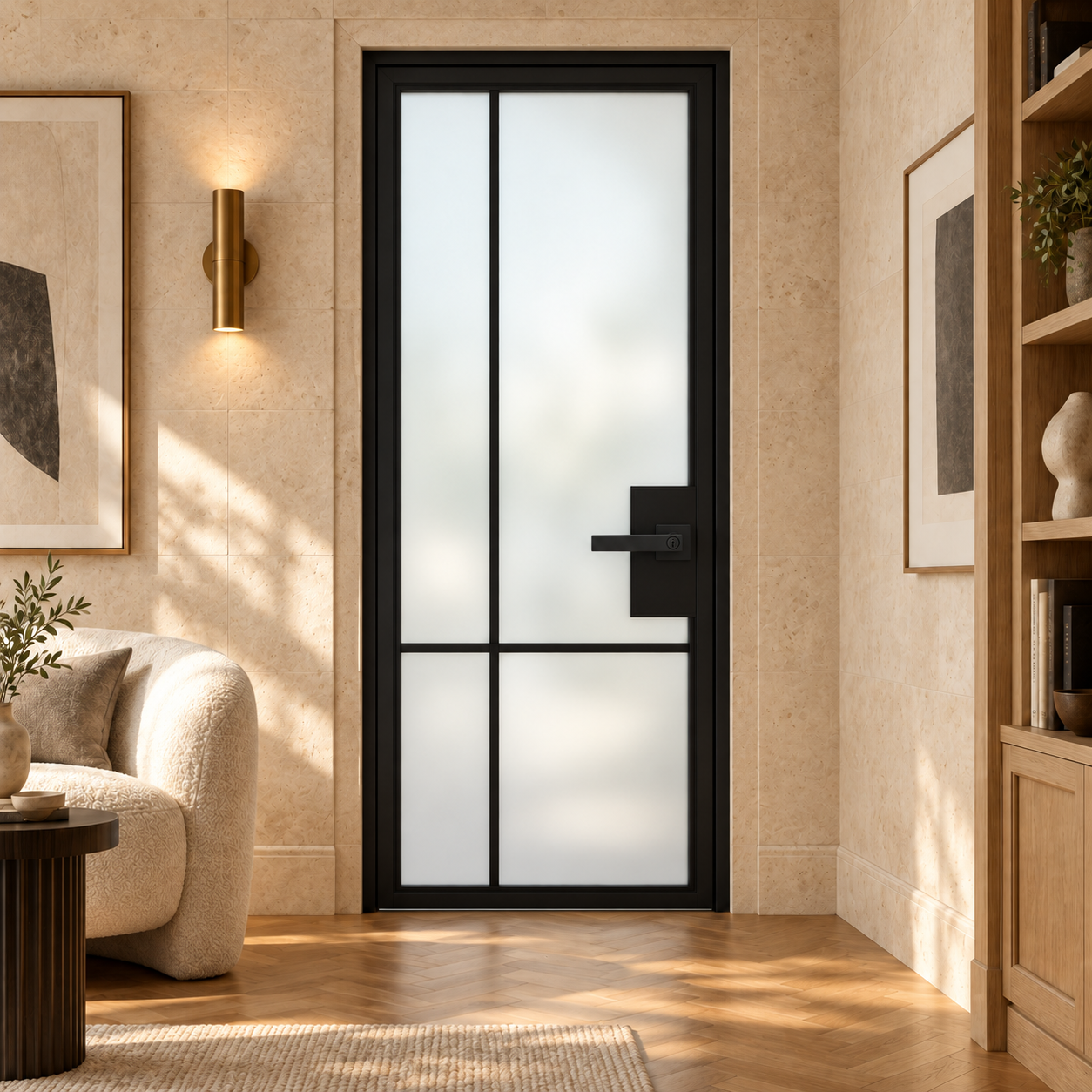 4 Lite Offset Grid frosted interior steel door with included keyed lever — study