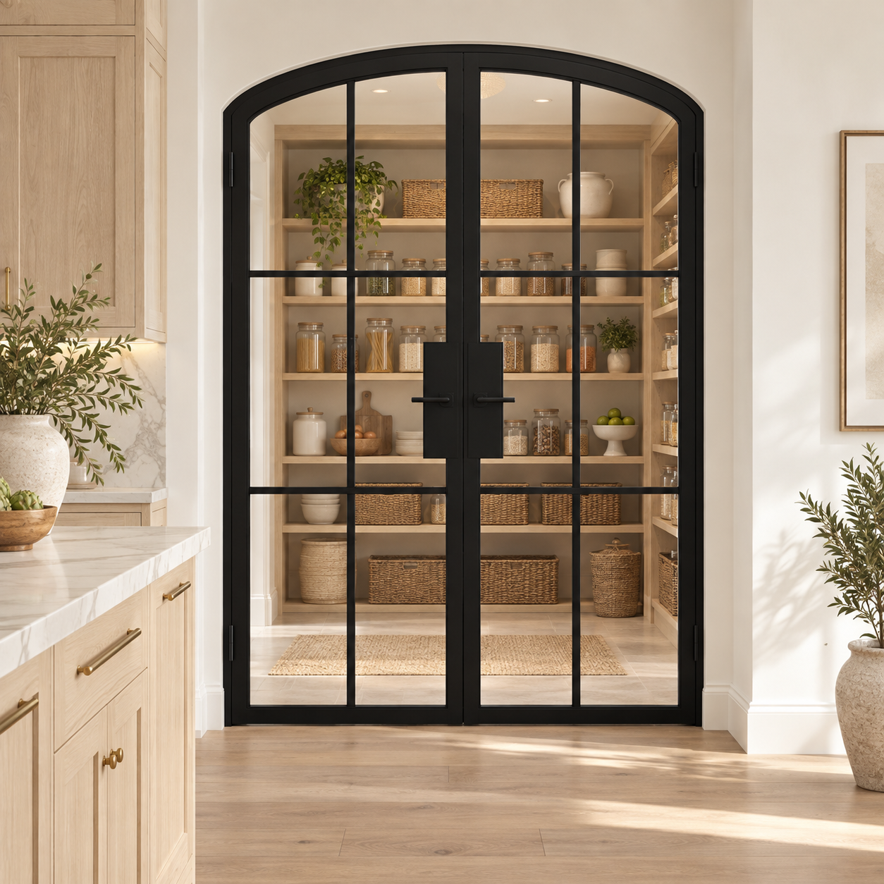 6 Lite Steel Pantry Arched Top French Double Door leading into an oak pantry from an ivory kitchen — product visualization