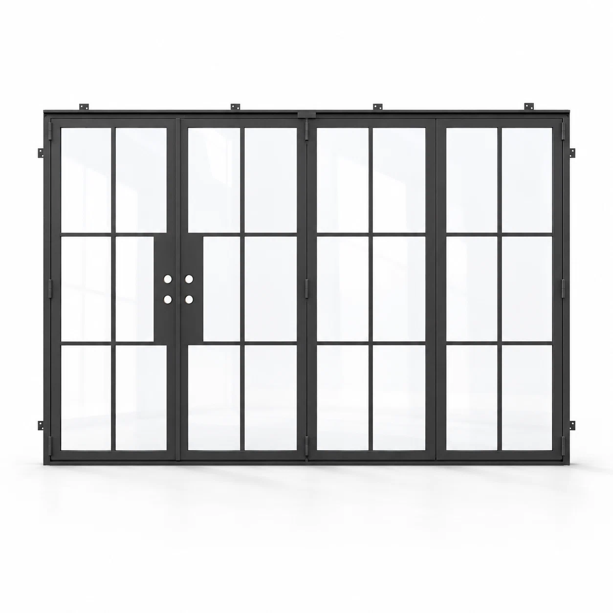 6-lite 3+1-panel black steel bifold door on white background — product visualization