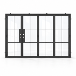 6-lite 3+1-panel black steel bifold door on white background — product visualization