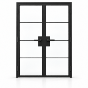 4 Lite Interior Steel French Double Door with Horizontal Dividers and included matte black lever hardware — white studio