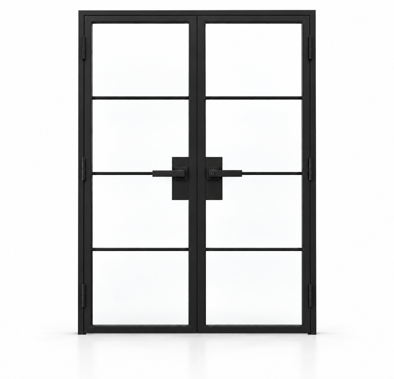 4 Lite Interior Steel French Double Door with Horizontal Dividers and included matte black lever hardware — white studio