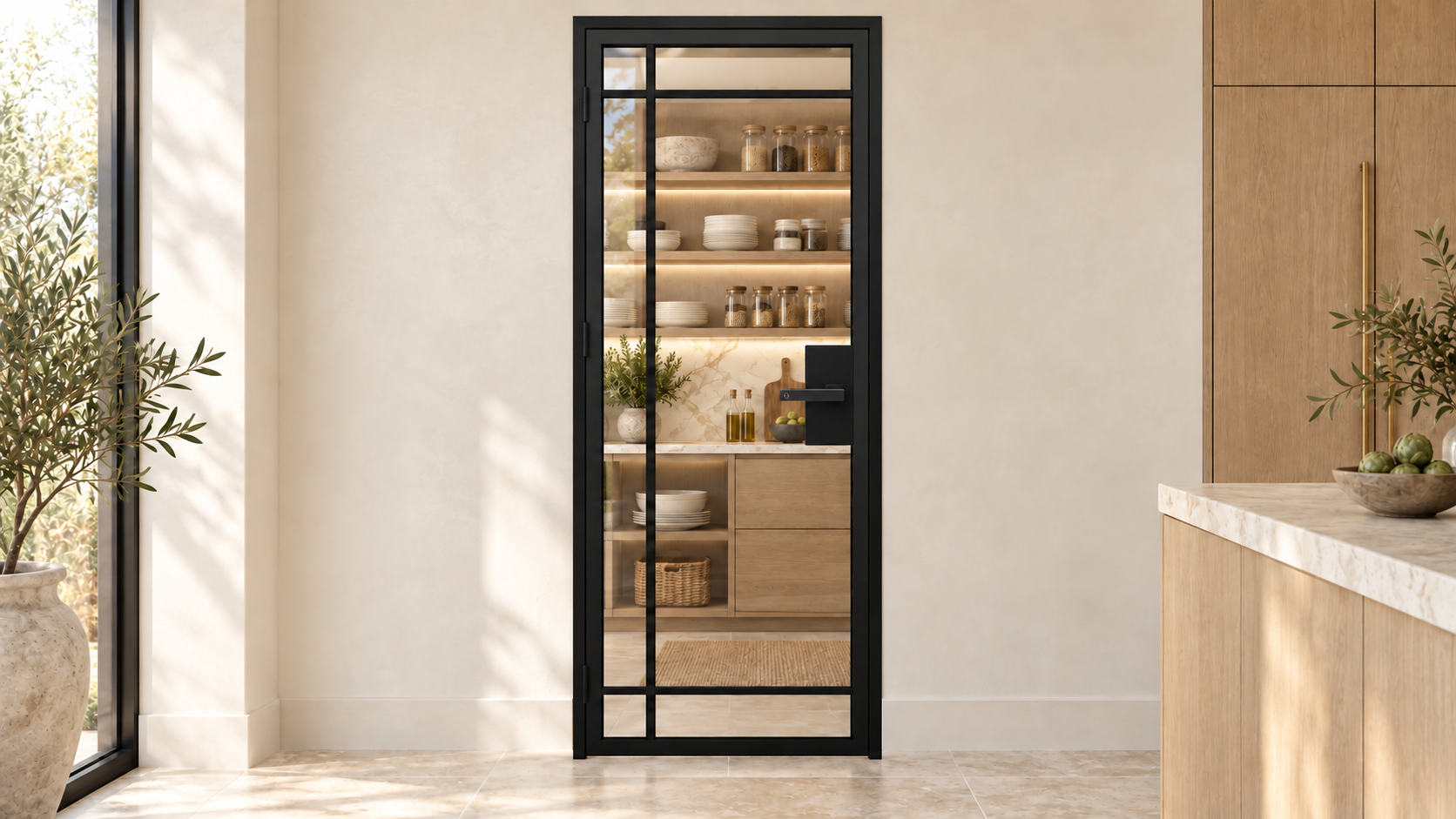 6 Lite outward-opening single interior steel door with included lever-lock hardware — pantry