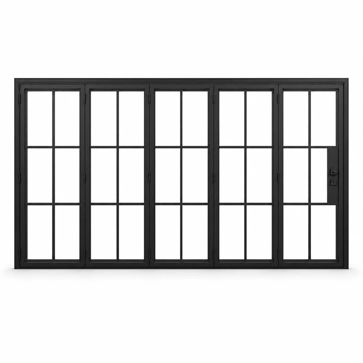 Black 6-Lite five-panel steel bifold door on a white background — product visualization