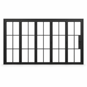 Black 6-Lite five-panel steel bifold door on a white background — product visualization