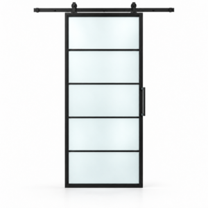 USABD five-lite frosted-glass interior steel barn door with included rectangular pull — studio