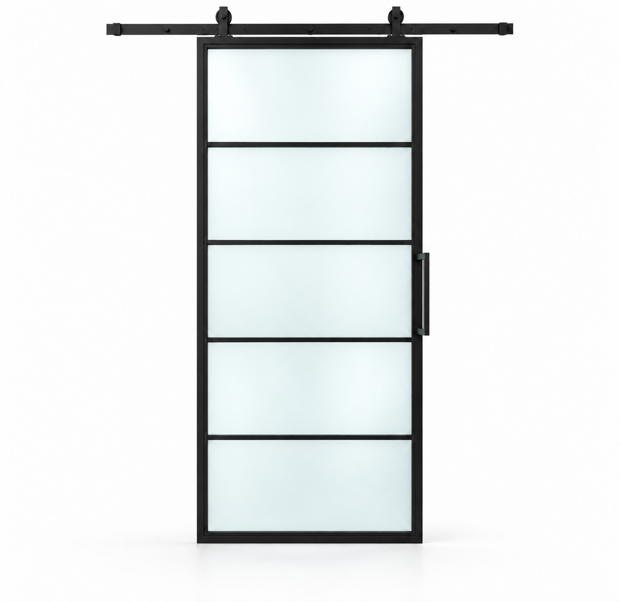 USABD five-lite frosted-glass interior steel barn door with included rectangular pull — studio