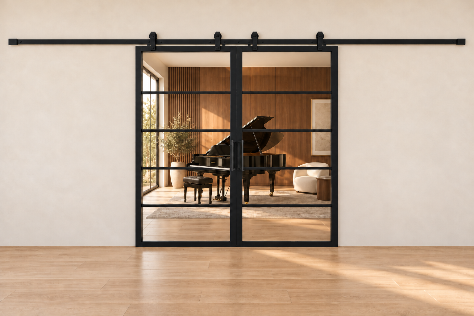 5 Lite double sliding interior steel barn doors with included rectangular pulls — music
