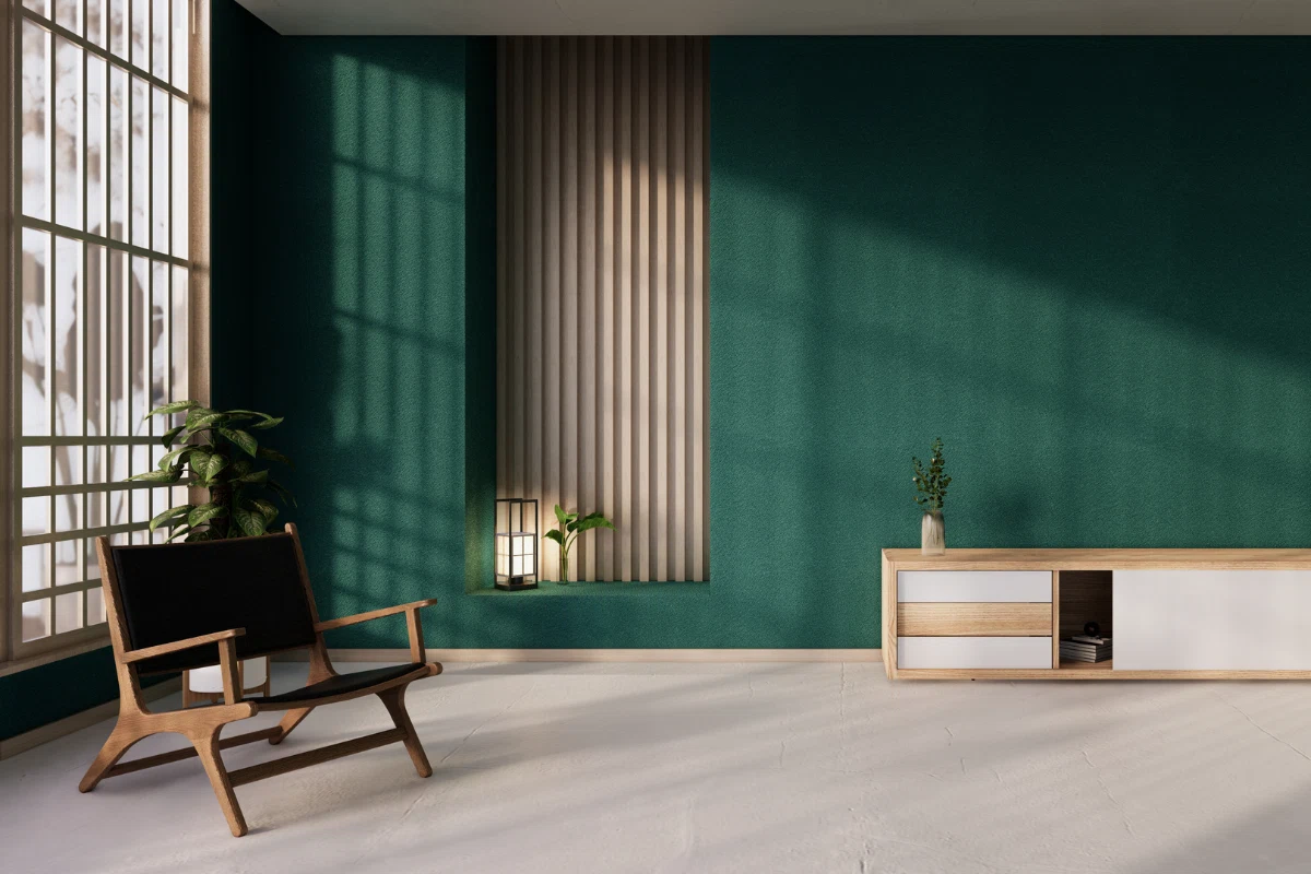 Living room with green walls and a WPC fluted wall section, featuring Japanese-style windows and furniture.
