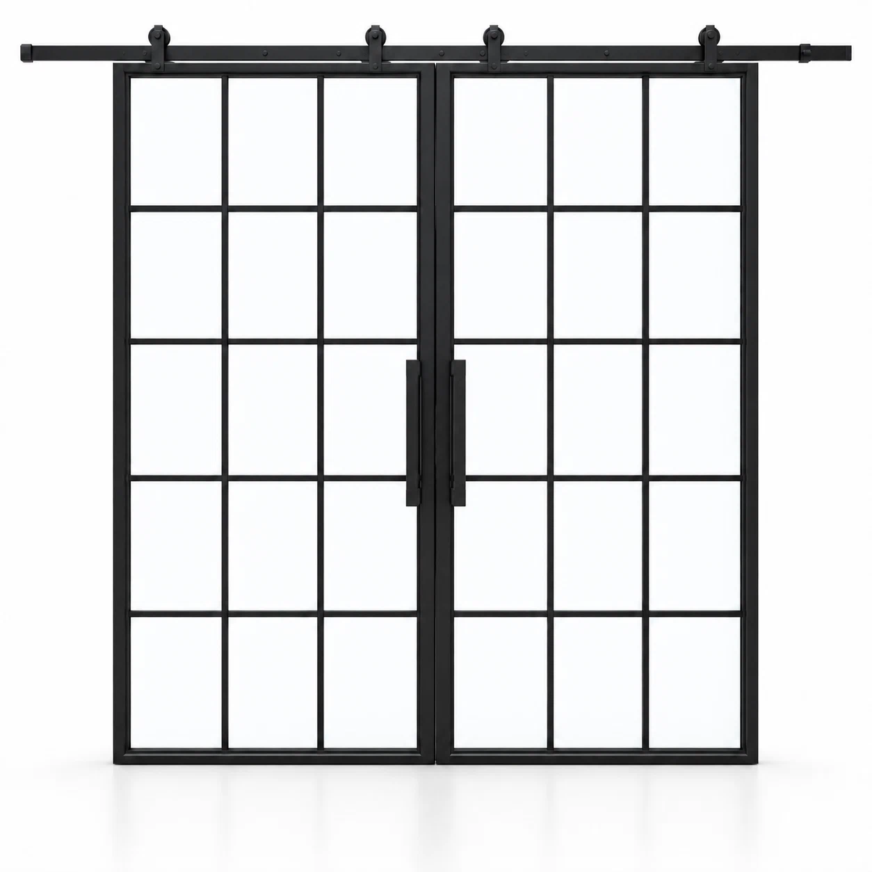15 Lite double interior steel barn doors with included rectangular pulls — studio