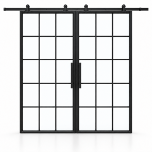 15 Lite double interior steel barn doors with included rectangular pulls — studio