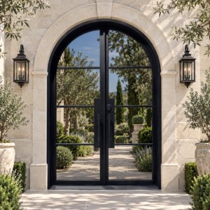 Monteluce arched four-lite double iron French door in a luxury villa setting — design visualization