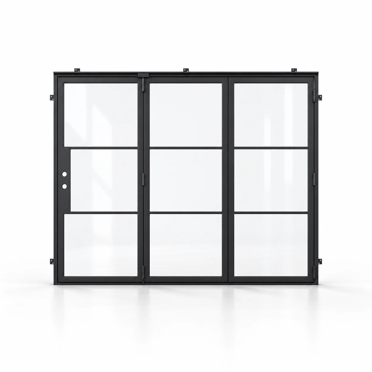 3-lite three-panel black steel bifold door on a white background — product visualization