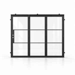3-lite three-panel black steel bifold door on a white background — product visualization