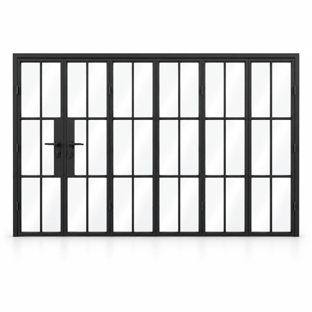 6S 5+1-panel black cold-rolled steel bifold door on a white background — product visualization