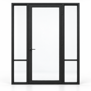 Full-lite single steel door with divided sidelights — studio AI design visualization; hardware illustrative