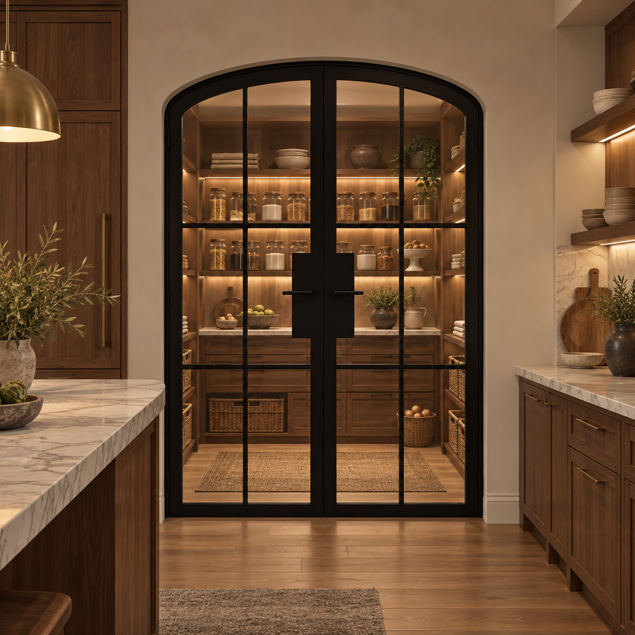 6 Lite Steel Pantry Arched Top French Double Door leading into an illuminated walnut pantry — product visualization