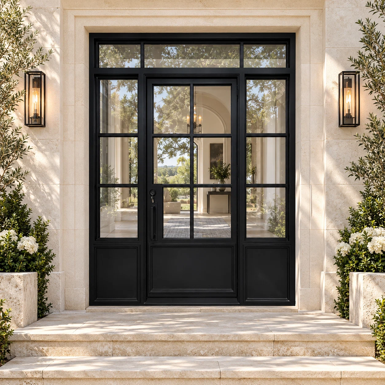 Solmere single iron French door with two sidelights and transom in a luxury villa setting — design visualization