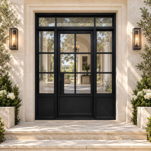 Solmere single iron French door with two sidelights and transom in a luxury villa setting — design visualization