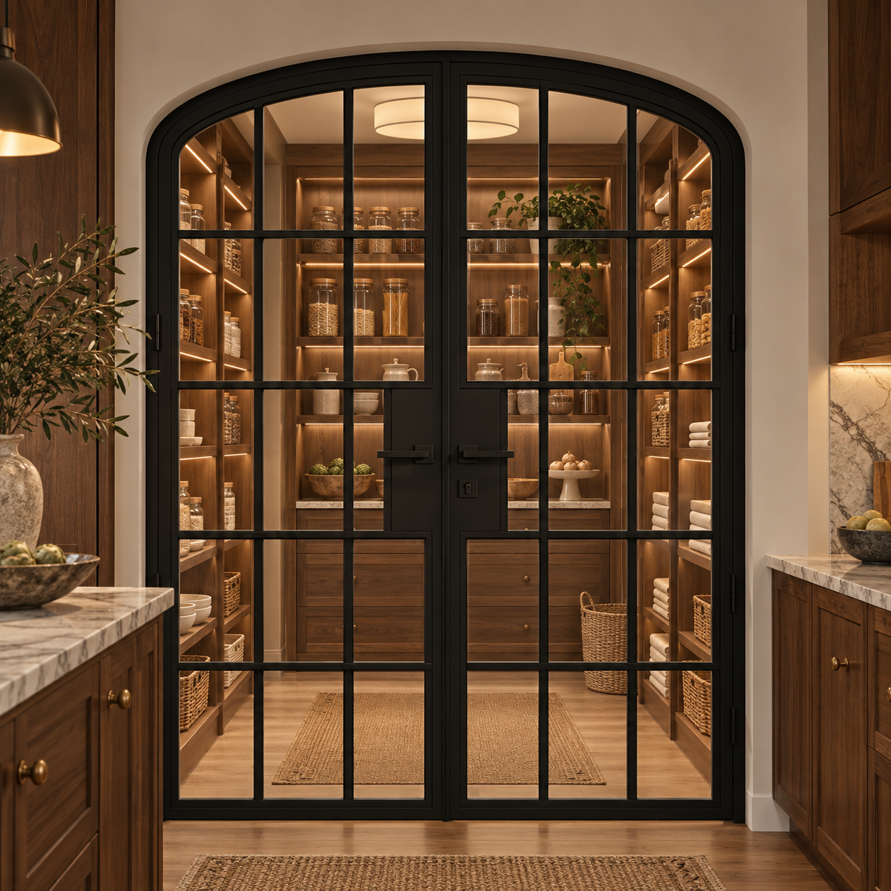 15 Lite Steel Pantry Arched Top French Double Door leading into an illuminated walnut pantry — product visualization