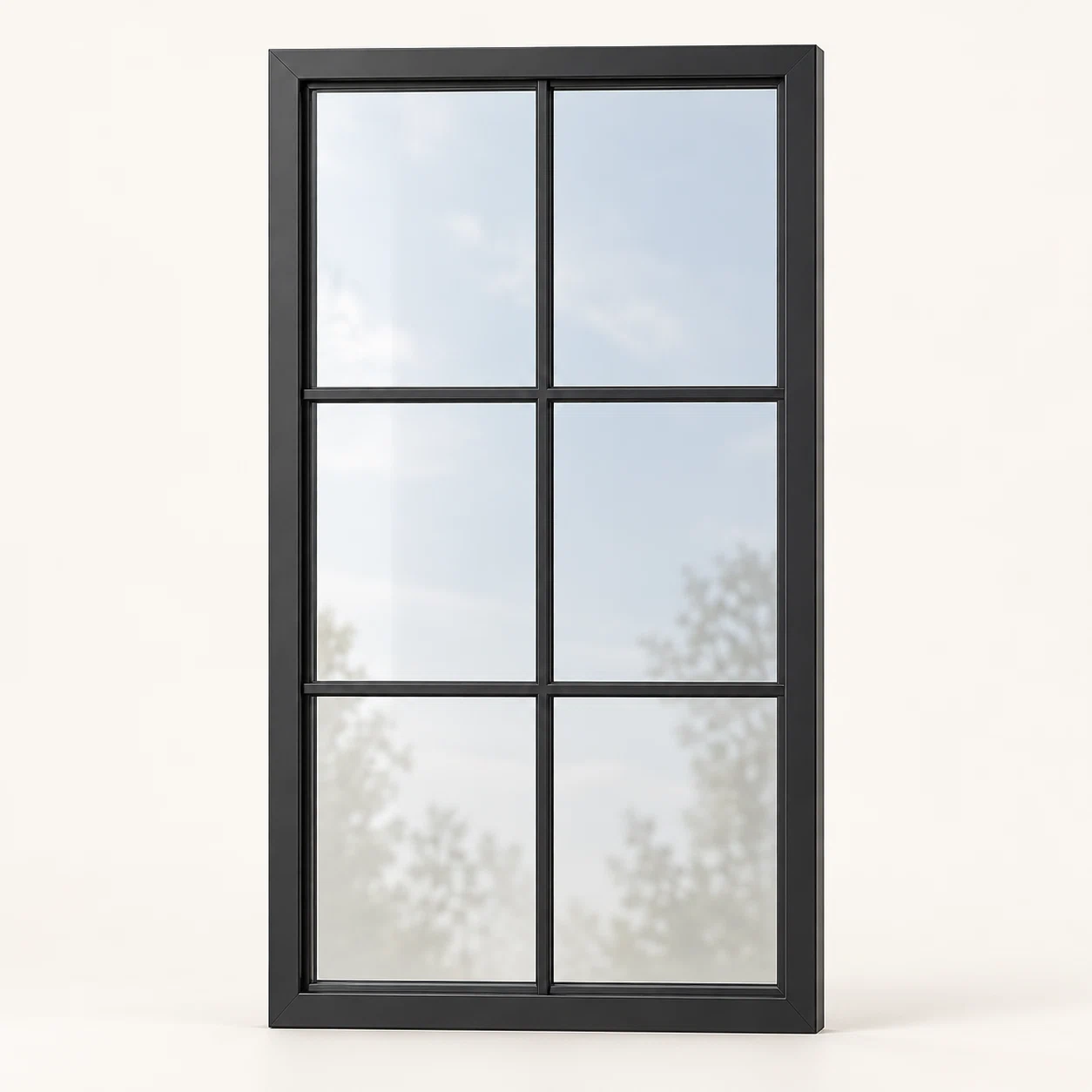 6-lite fixed steel window with a matte black frame and two-by-three glass pane pattern — product visualization