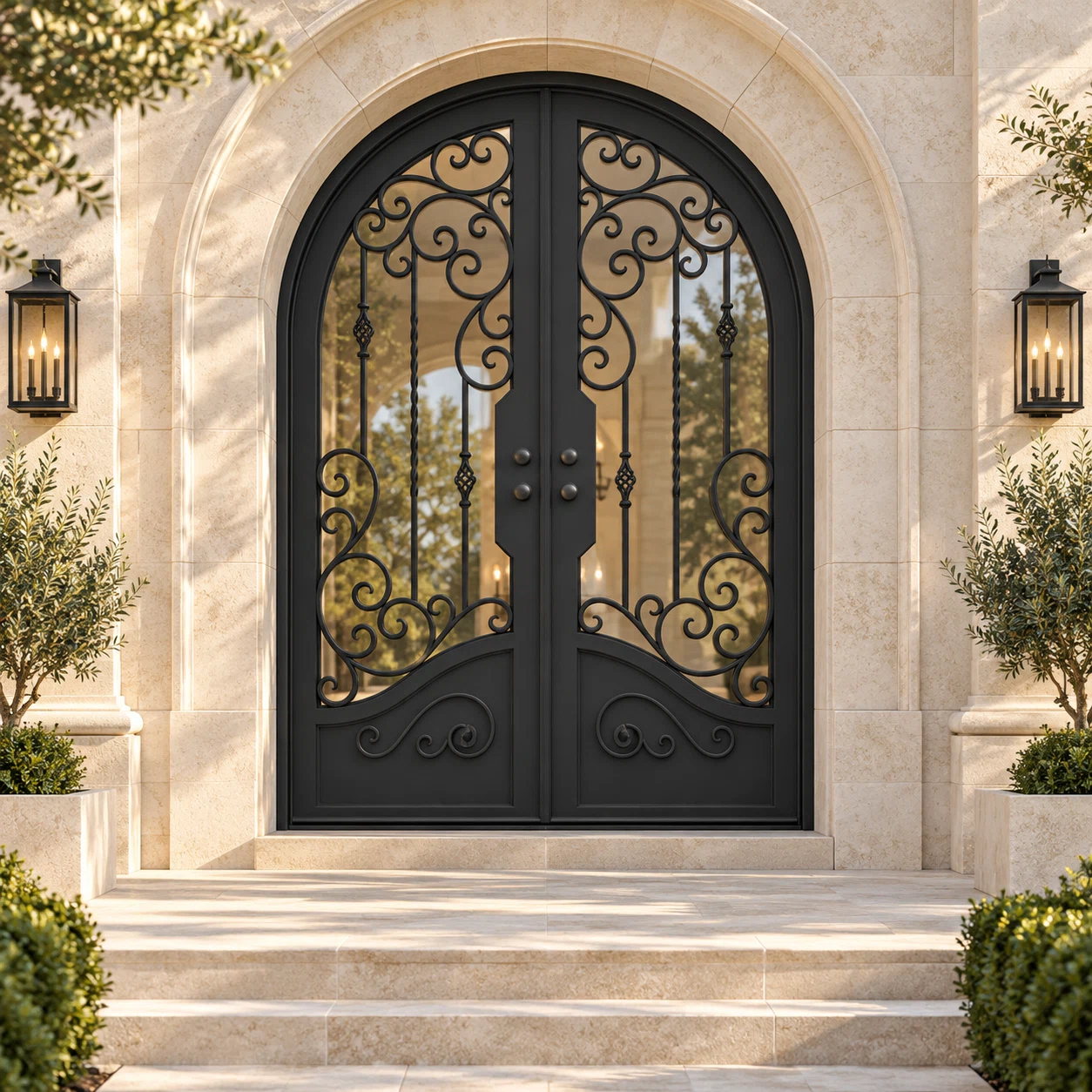 Summit Double thermally broken black steel door in a luxury limestone exterior — lifestyle visualization